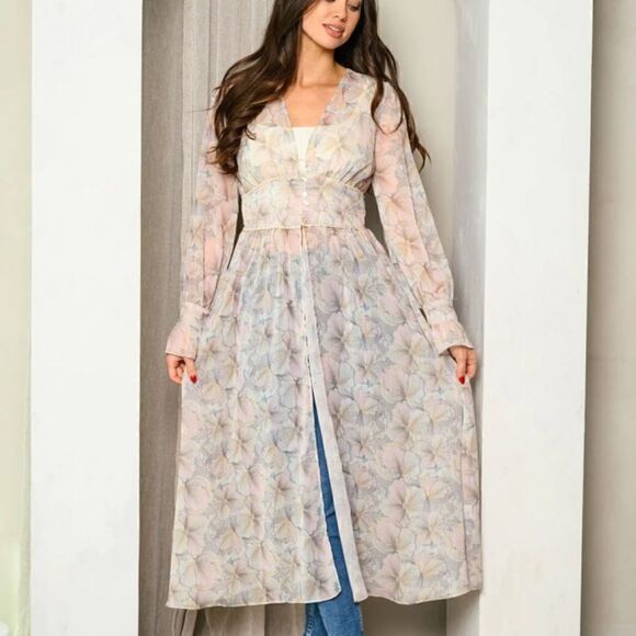 NEW! Beautiful Sheer Cream Floral Long Sleeve Button Front Kimono Duster Kaftan - Picture 2 of 3